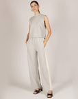 Heather gray Birdie Boxy Tank Top with side-stripe wide-leg pants and black sandals