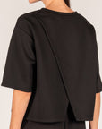 Back detail of the black P.CILL Hazel top showing the overlapping split back panels