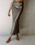 Olive Satin Midi Slip Skirt