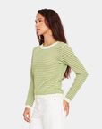 Close view of D.RA Cori striped knit sweater featuring lightweight breathable texture and scalloped trim detail.