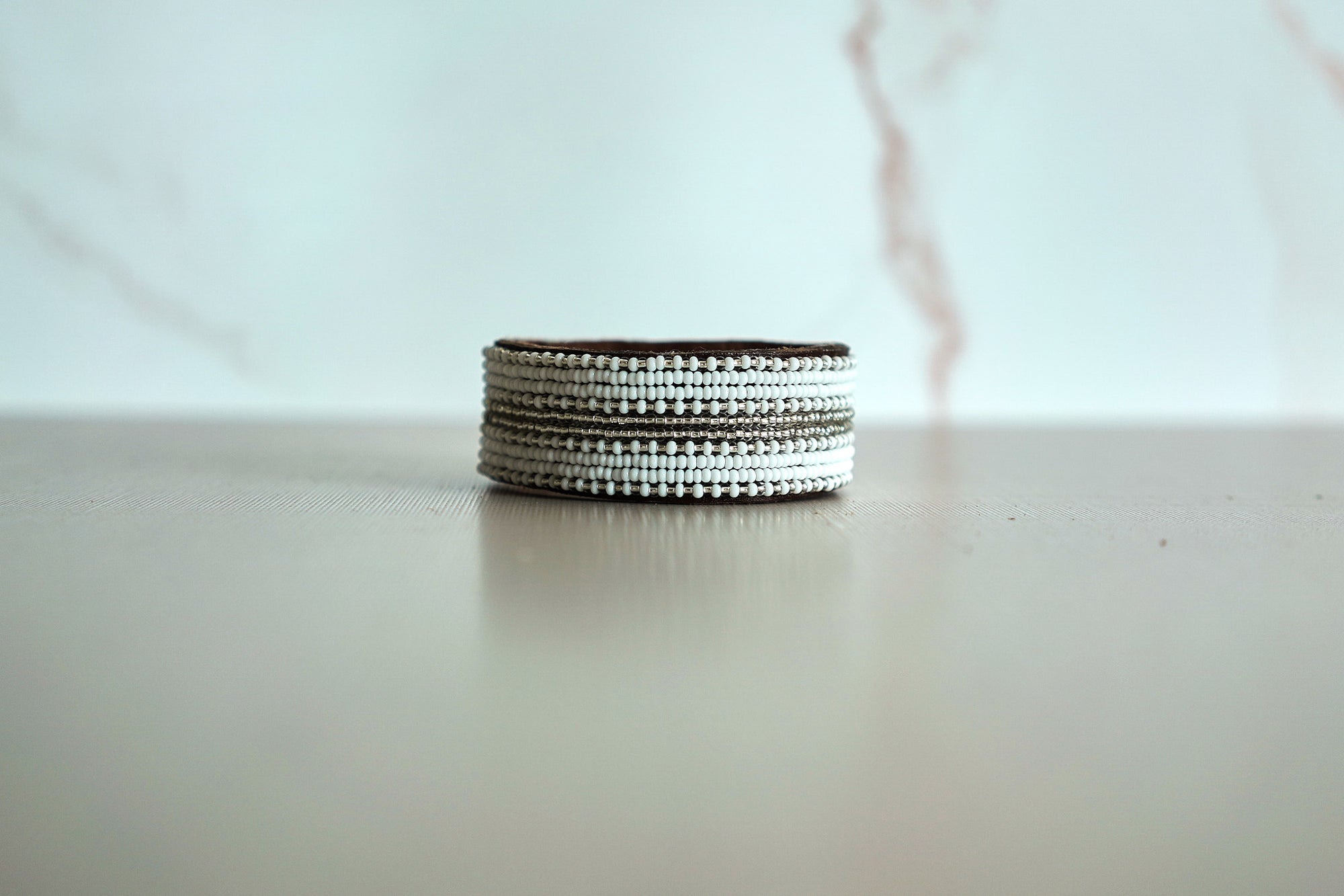 Swahili Coast Beaded Leather Cuffs in White