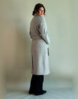 Back view of the light heather grey SoHo Belted Overcoat with the belt tied