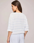 Back view of the sky blue striped Kerrigan sweater with light blue shorts