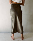 Olive Satin Midi Slip Skirt