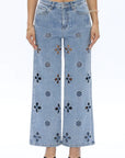 BAYEAS high-rise floral cutout pearl straight-leg jeans front view on model