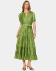 Front view of the Current Air Arden Pleated Midi Dress in Olive