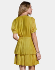 Back view of the Current Air Colette Pleated Mini Dress in Chartreuse