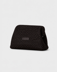 Daniella Lehavi Vivian Maxi Convertible Clutch in chocolate woven leather, angled view.