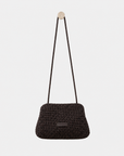 Daniella Lehavi Vivian Maxi Convertible Clutch in chocolate woven leather shown with the convertible shoulder strap.