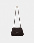Daniella Lehavi Vivian Maxi Convertible Clutch in chocolate woven leather shown with the convertible shoulder strap.