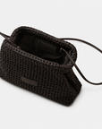 Daniella Lehavi Vivian Maxi Convertible Clutch in chocolate woven leather, open interior view with convertible shoulder strap.
