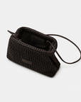 Daniella Lehavi Vivian Maxi Convertible Clutch in chocolate woven leather, open interior view with convertible shoulder strap.