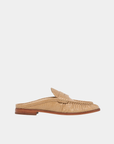 Side profile of the Dolce Vita Betzy Loafers in crème embossed suede featuring a backless mule silhouette, ruched moc toe, and classic penny loafer styling.