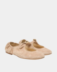 Dolce Vita Suede Cornel Ballet Flats in camel with gathered sides and sculptural gold hardware, front angled view.
