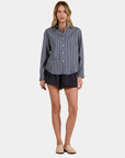 Elan Corey striped button down shirt in Blue Stripe with a relaxed oversized fit, front view.