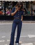 Elan Diamond high rise wide leg jeans in dark indigo diamond-pattern denim