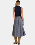 Back view of the Elan Harlow midi dress in Blue Stripe with sleeveless ribbed bodice and striped skirt.