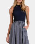 Close-up of the Elan Harlow mixed media dress showing the navy ribbed mock-neck bodice and Blue Stripe skirt.