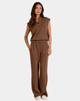Elan Marley Zip Sleeveless Pullover in mocha styled with the matching wide leg pants.