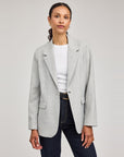 Gentle Fawn Jeanie Blazer in heather ash with notched lapels and a single button, worn over a white tee and dark jeans