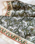 Full view of the Greek Horse Mulberry Silk Scarf showing the olive equestrian print and ivory border