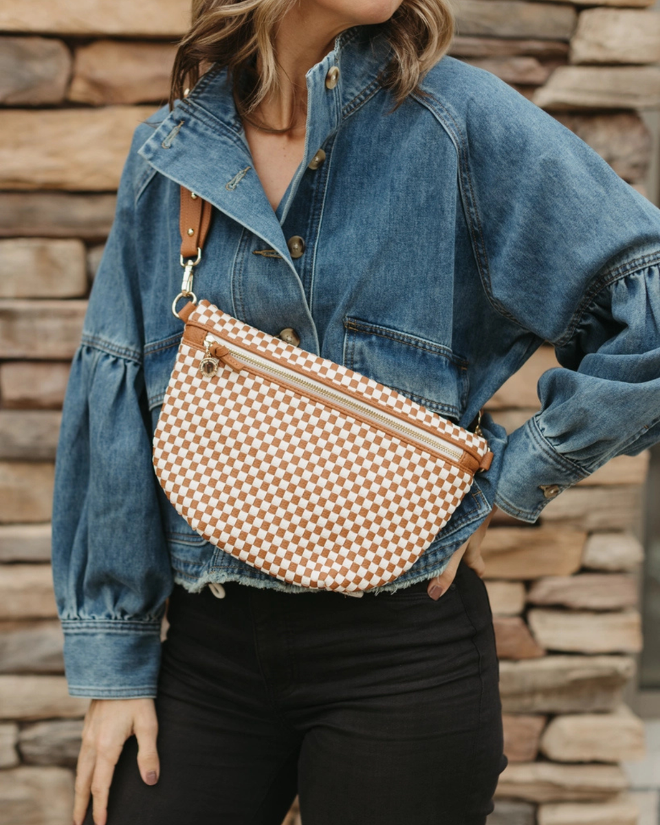 Lumi Clay Checkered Woven Vegan Leather Crossbody | The Flaunt