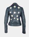 Back view of the Mauritius Christy navy leather jacket featuring signature star detailing and distressed finishes.