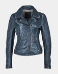 Front view of the Mauritius Christy navy leather jacket crafted from vegetable-tanned lambskin leather.