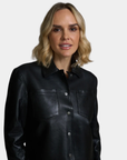 Front detail of the Mauritius Lefei Leather Shirt Jacket in Black showing the collar, snap front and chest pockets