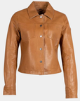 Front view of the Mauritius Lefei Leather Shirt Jacket in Camel with snap front and chest pockets