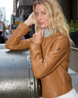Mauritius Lefei Leather Shirt Jacket in Camel styled on model