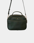 Back view of the Oceans End Justine 2.0 emerald crossbody bag featuring a convenient exterior slip pocket, top handle, and adjustable shoulder strap.