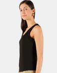 Side view of the P.CILL Ada Butter Modal Tank Top in Black showing the fitted silhouette