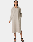 Front view of the P.CILL Connie Butter Modal Midi Dress in Heather Grey with collared neckline and long sleeves