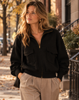 P.CILL Reid Butter Modal™ Utility Jacket in Black styled on model for an everyday fall look