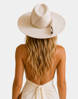 Back view of the Petra Savage Sutton Rancher Crown Hat styled on model