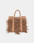 Sahara fringe raffia tote bag in cocoa color featuring woven texture and oversized silhouette on a neutral background.
