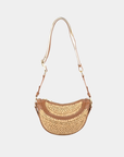 Solstice raffia half moon convertible bag with leather shoulder strap displayed on a neutral background.