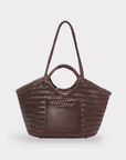 The Sook Sustainable Celia artisan woven leather tote shown from the front with a structured, handcrafted silhouette.