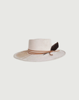Angle shot of the beige structured crown women’s hat.
