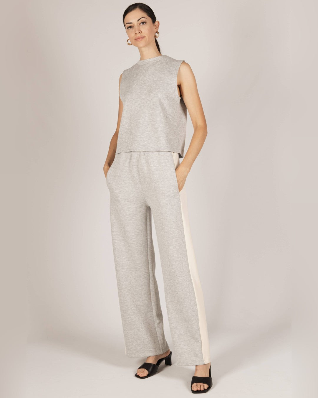 Heather gray Birdie Boxy Tank Top with side-stripe wide-leg pants and black sandals