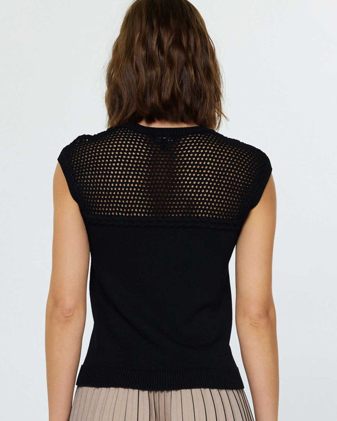 Back view of the black Stitched Sleeveless Sweater showing the open-stitch yoke across the shoulders