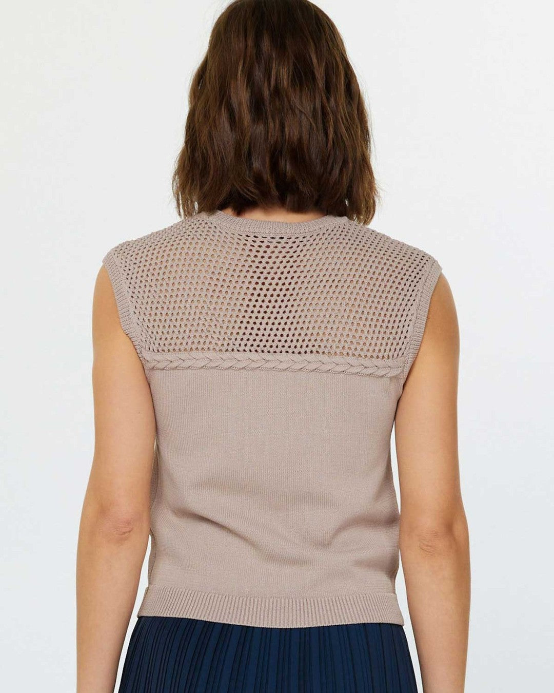 Back view of the mocha Current Air sleeveless sweater with open-stitch yoke