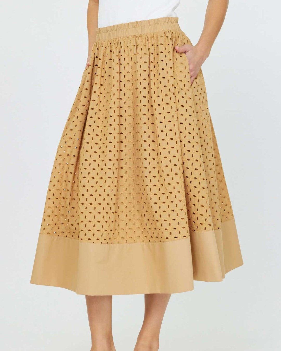 Current Air Golden Hour eyelet midi skirt in butterscotch with a solid hem band, worn with a white top