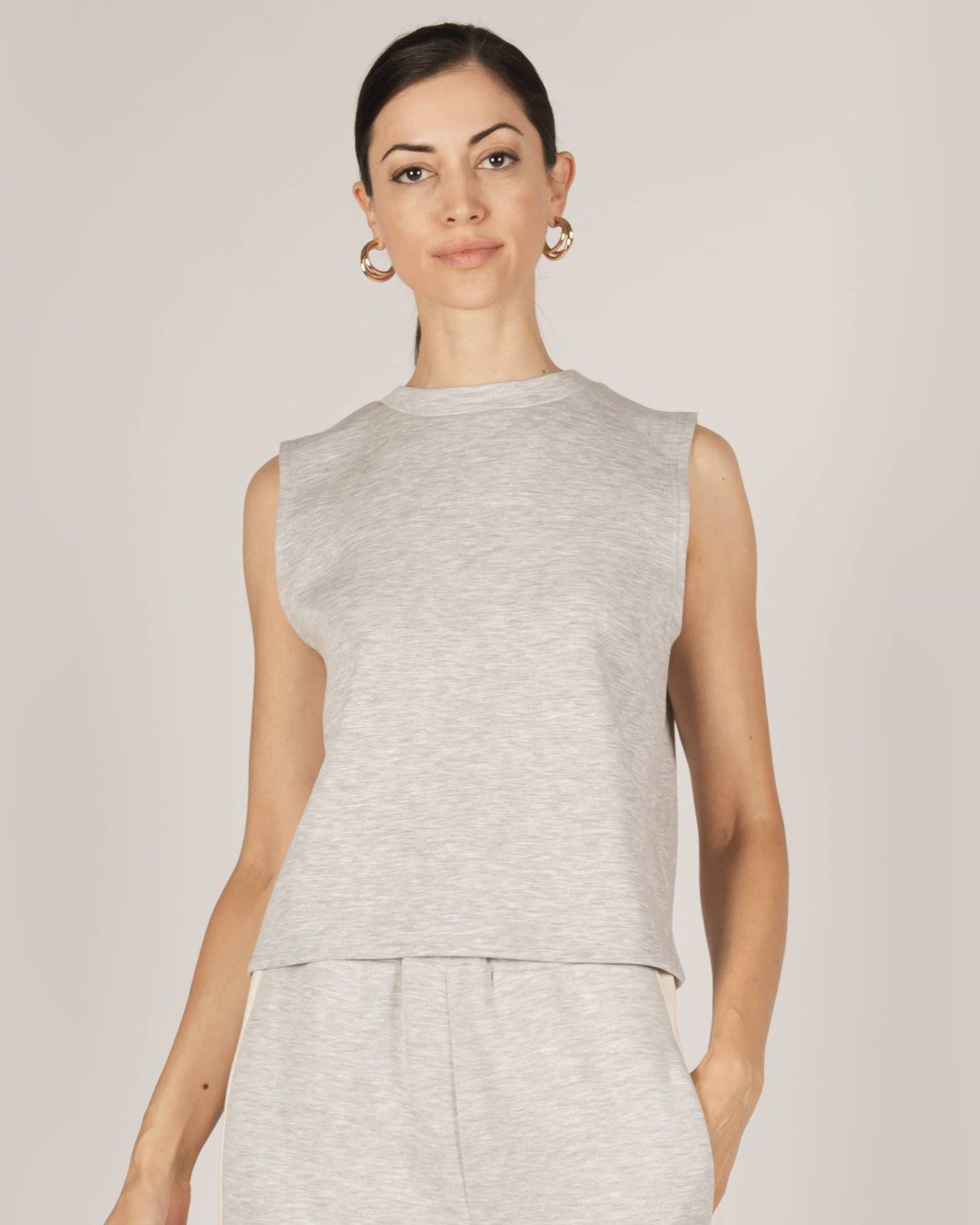 P.CILL Birdie Boxy Tank Top in heather gray, front view, with matching gray pants