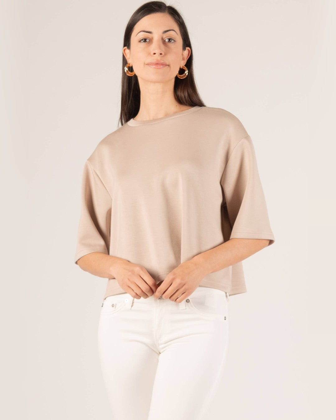 P.CILL Hazel Overlap Back Top in taupe, front view, worn with white jeans