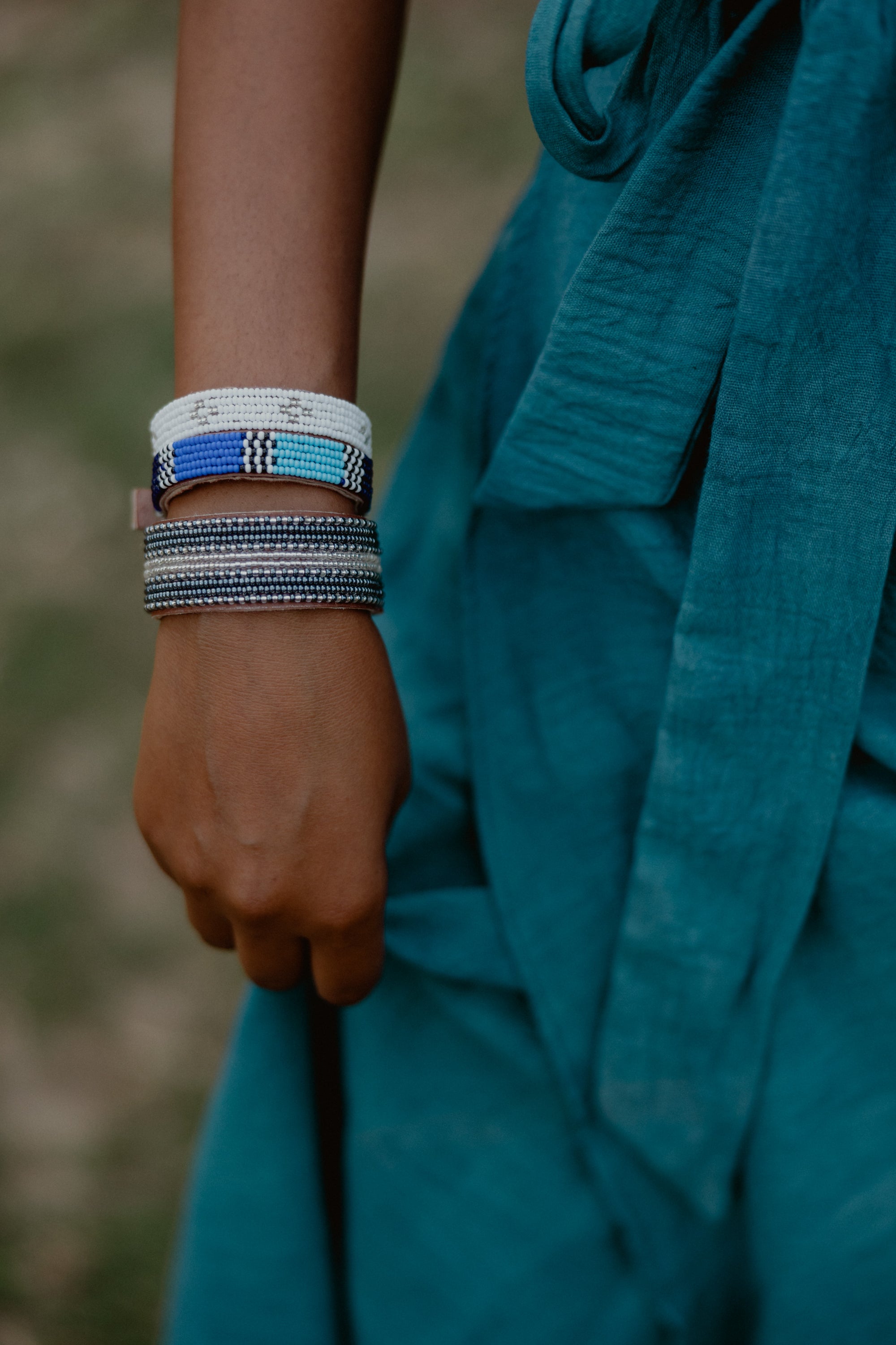 Swahili Coast Beaded Leather Cuffs in Slate