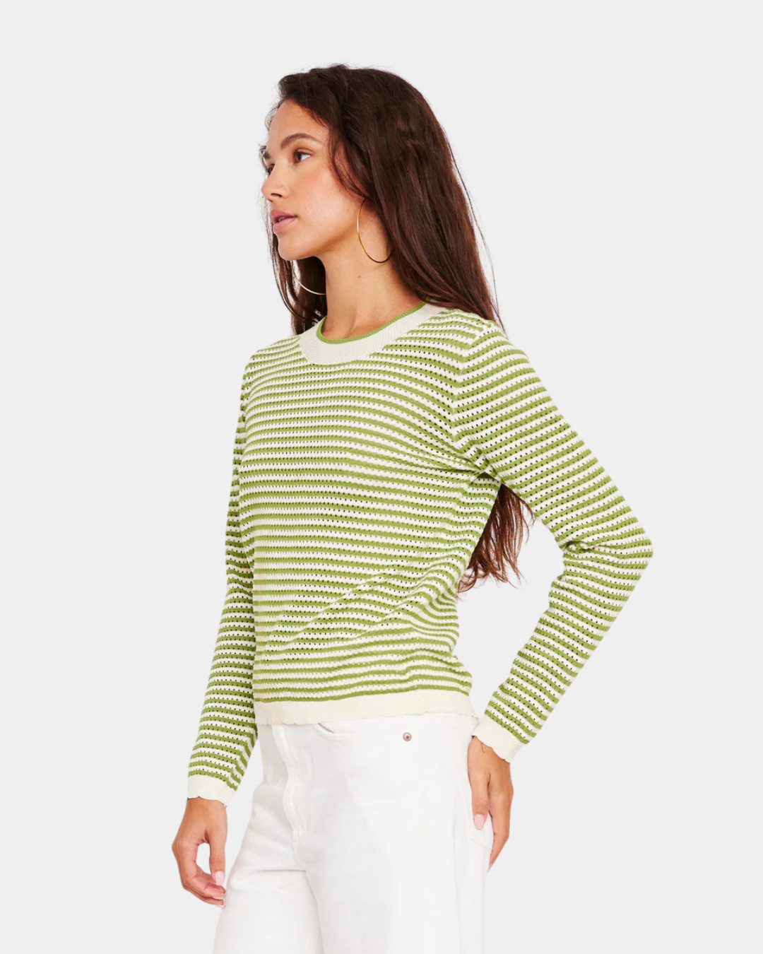 Close view of D.RA Cori striped knit sweater featuring lightweight breathable texture and scalloped trim detail.
