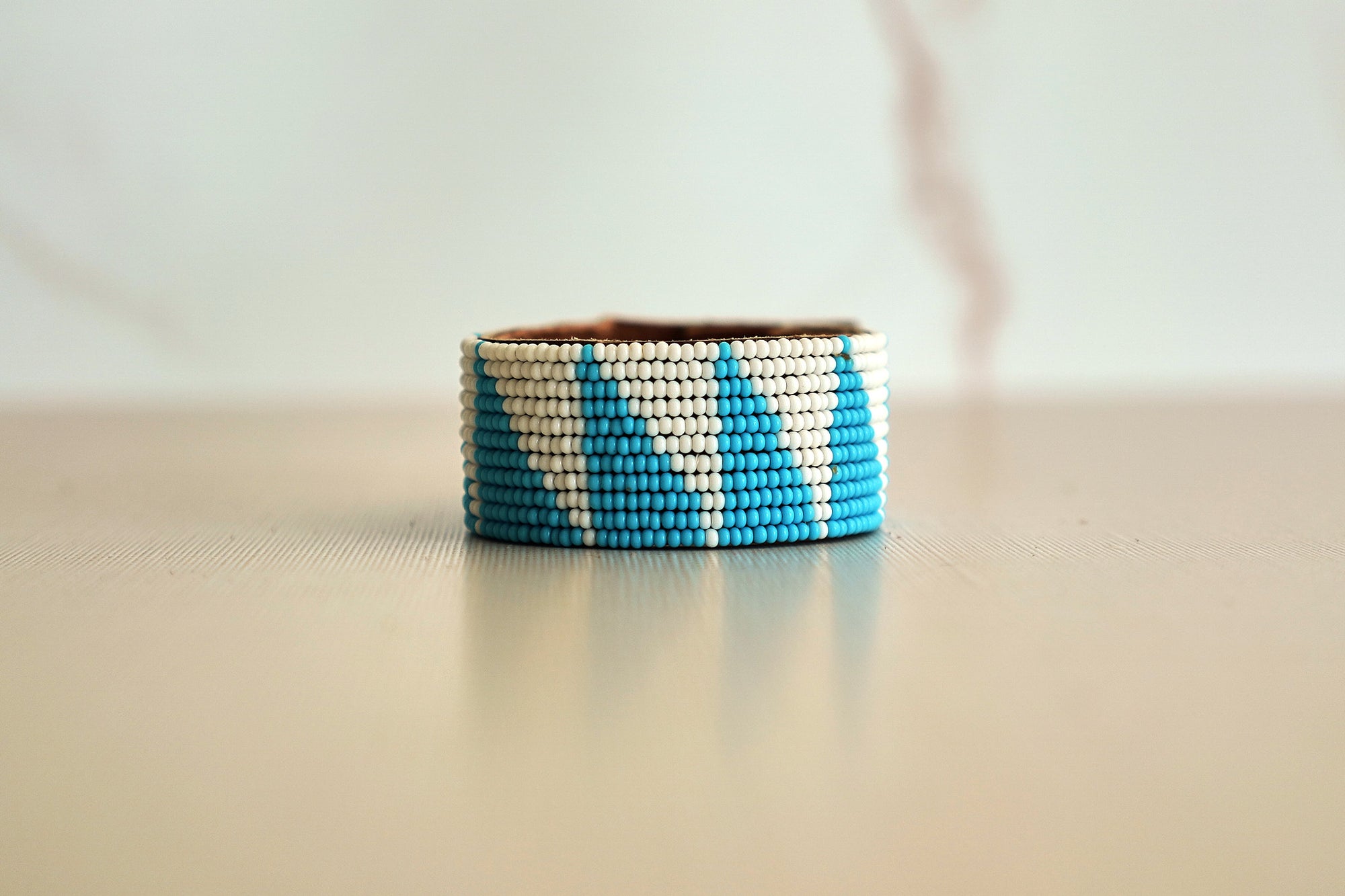 Swahili Coast Beaded Leather Cuffs in Ocean