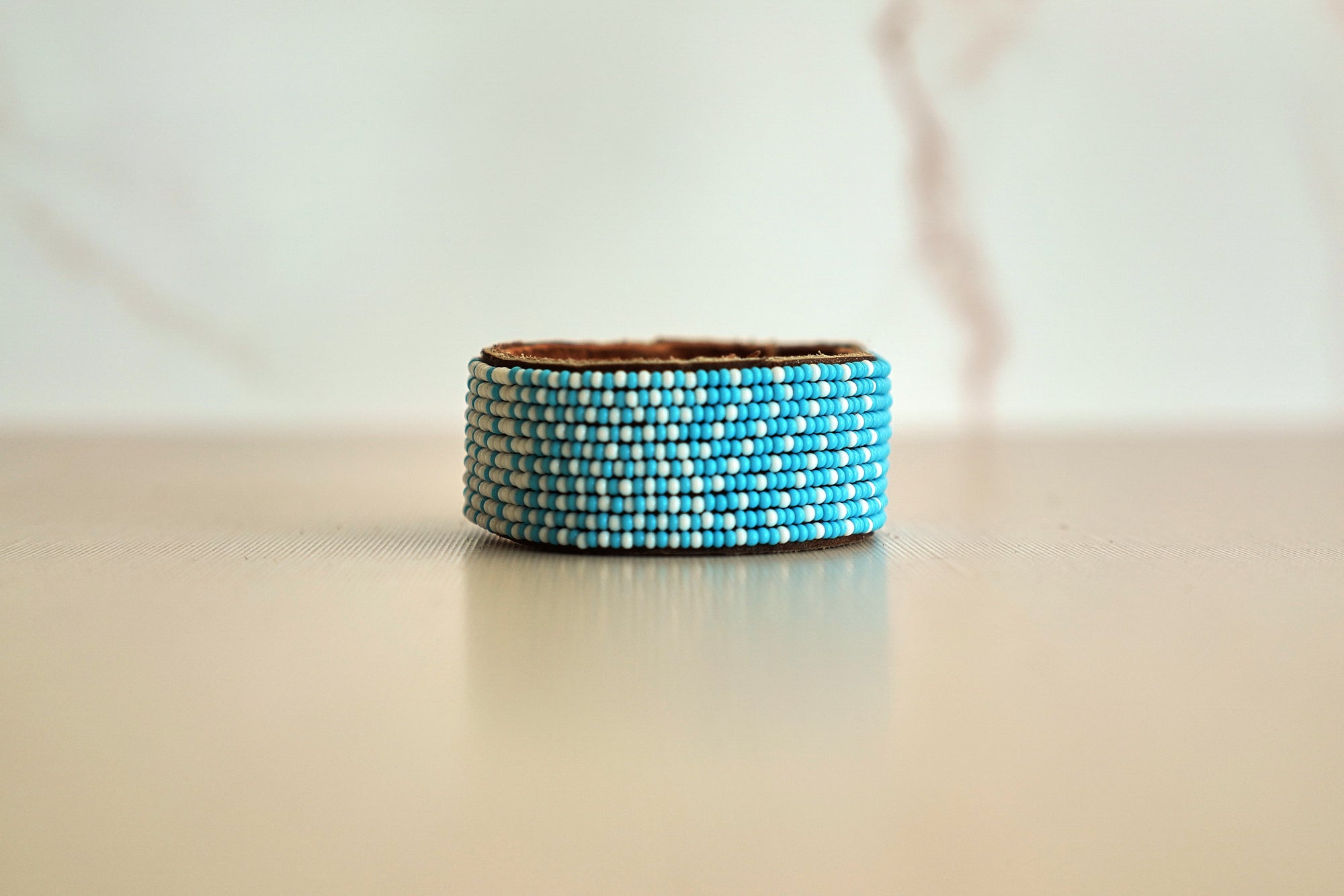 Swahili Coast Beaded Leather Cuffs in Ocean